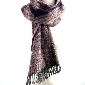 Bajra Vintage Merino Wool Shawl with Felted Wool Details in Mauve 19" X 55"